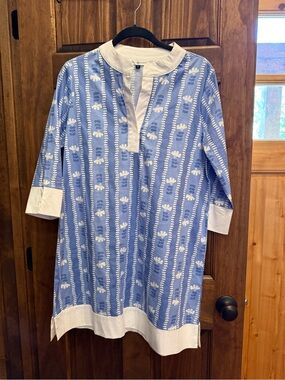 Michelle McDowell Blue Floral Stripe Women’s Tunic Dress with White Trim